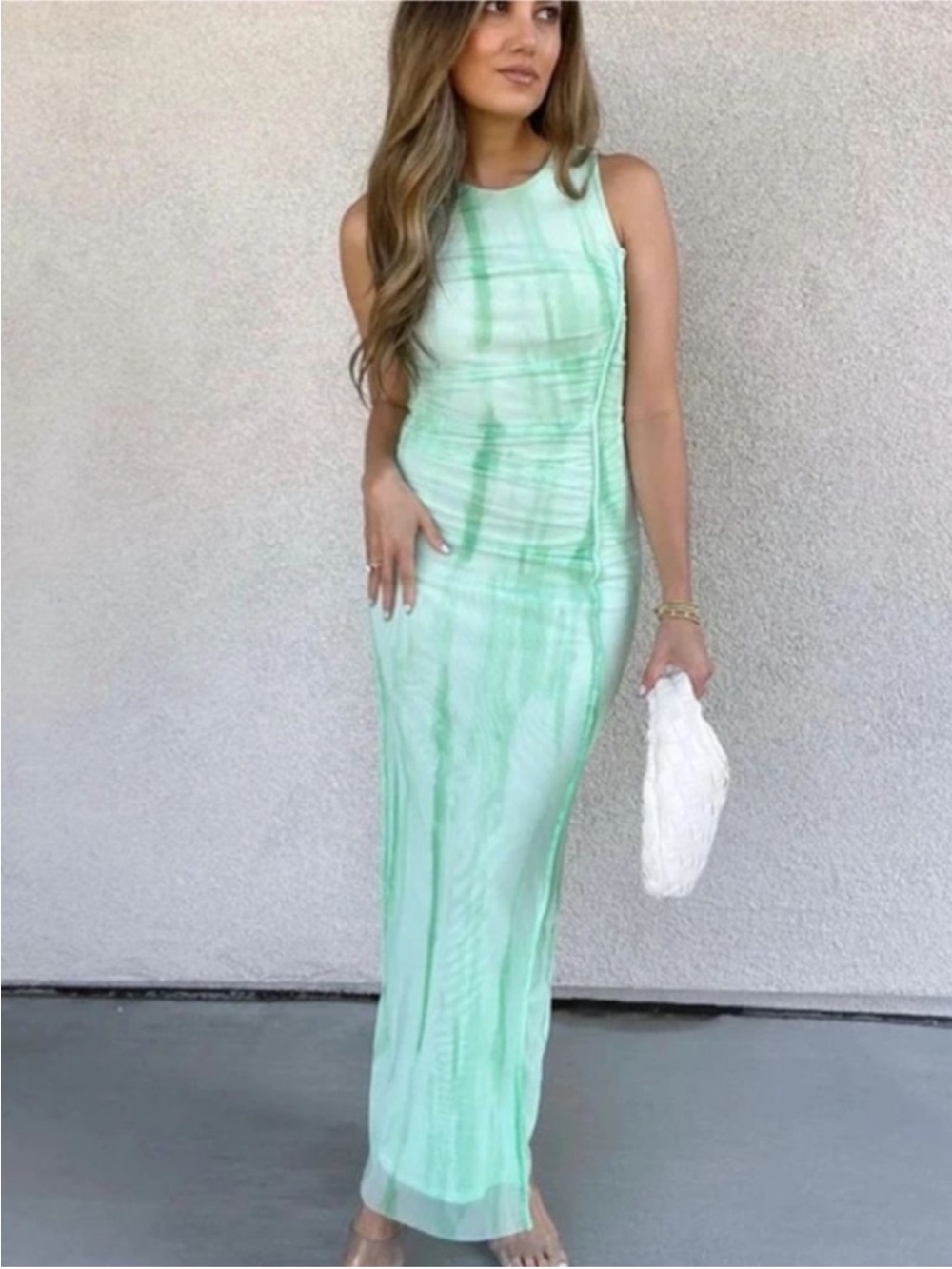 Zara Light Green Ombré Tie-Dye Sleeveless Bodycon Midi Dress Sz Small Tulle Mesh